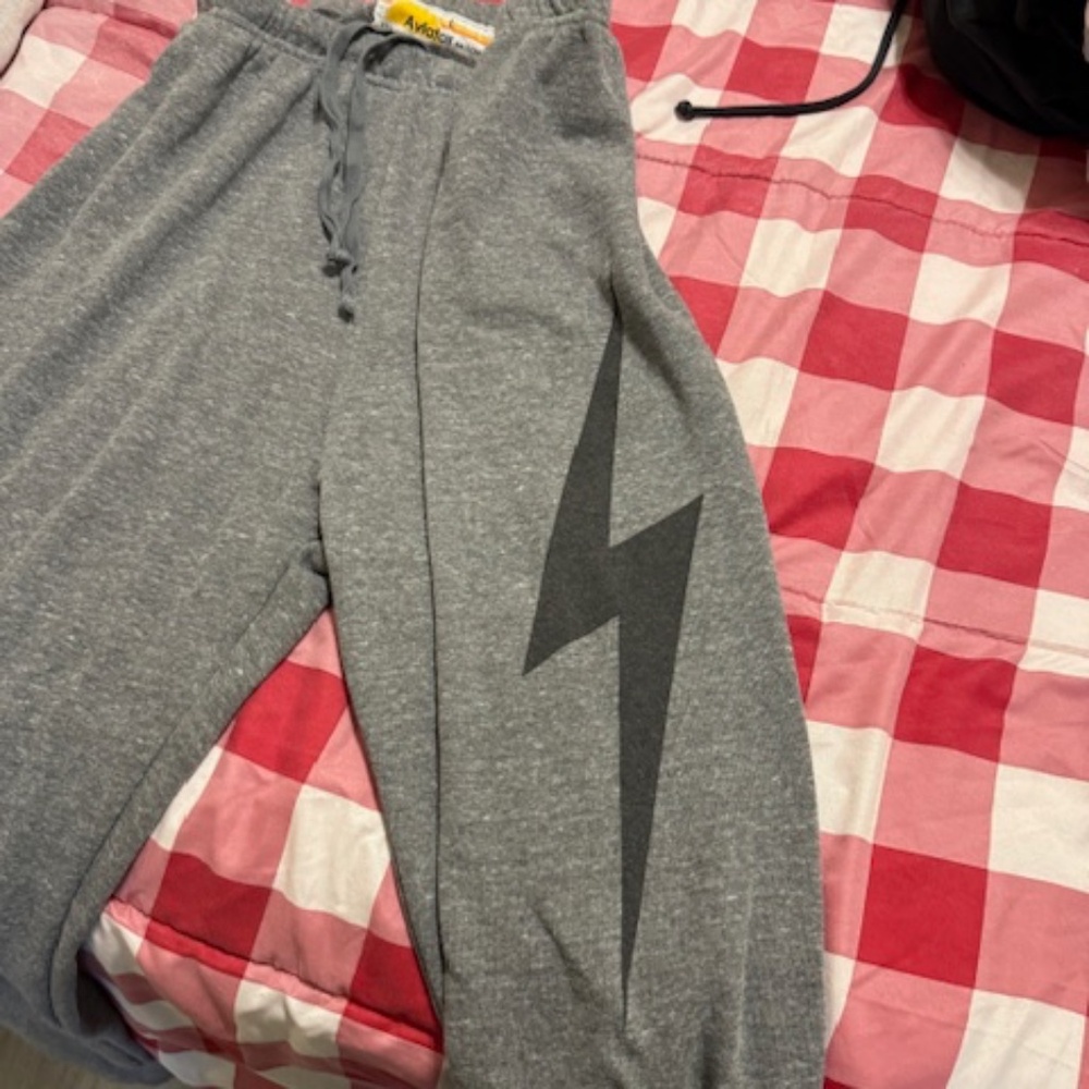 Aviator Nation Gray Track Pants with Black Lightning Bolt